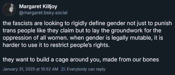 Author Margaret Killjoy writes: "the fascists are looking to rigidly define gender not just to punish trans people like they claim but to lay the groundwork for the oppression of all women. when gender is legally mutable, it is harder to use it to restrict people's rights. they want to build a cage around you, made from our bones"